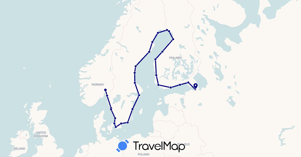 TravelMap itinerary: driving in Finland, Norway, Russia, Sweden (Europe)